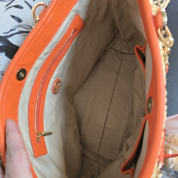 Tory Burch Shoulder Straw Gold Chain Orange and Tan Woven Tote - Picture 7 of 10
